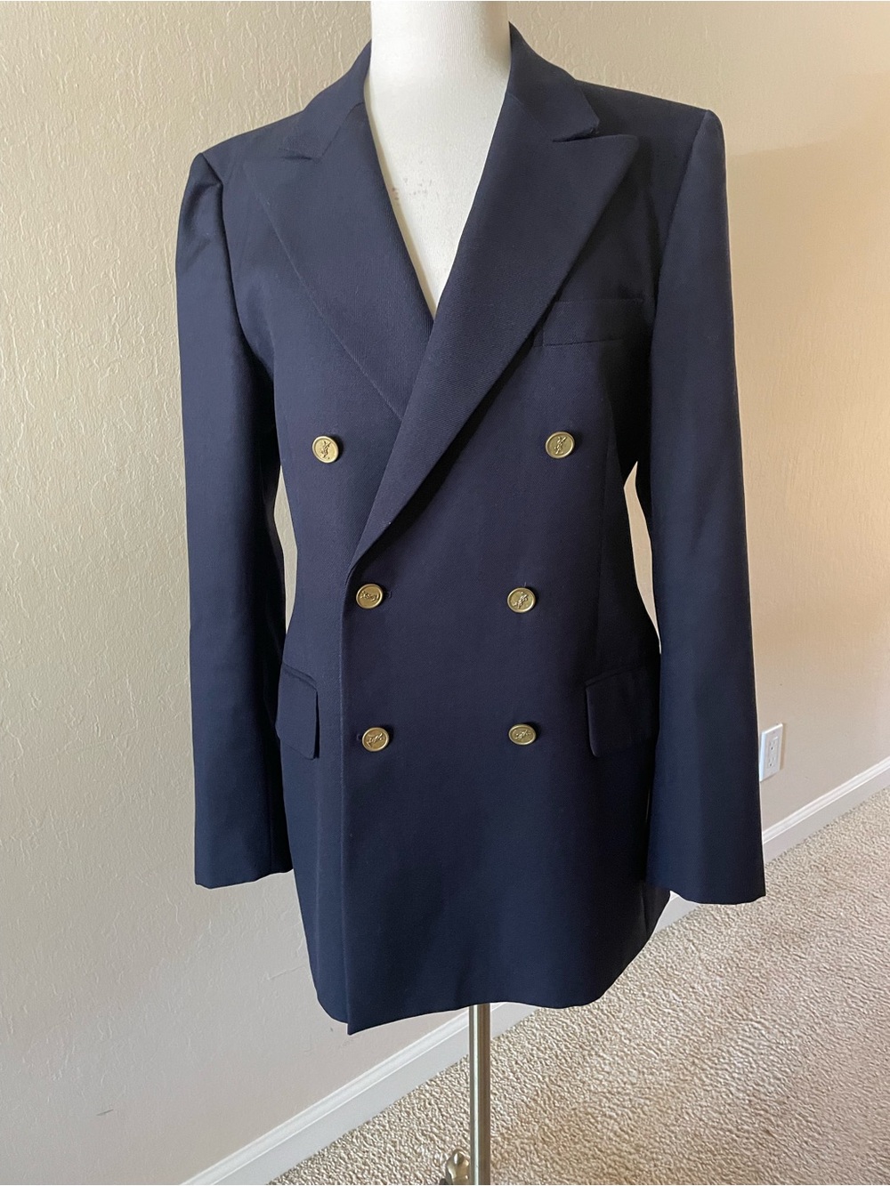 Vintage Yves Saint Laurent Navy Doubled Breasted Blazer Brass Buttons France